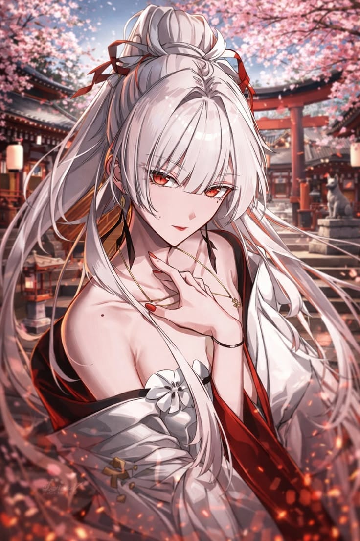 Hiyuki - A beautiful woman, sakura petals drift to her as if magnified