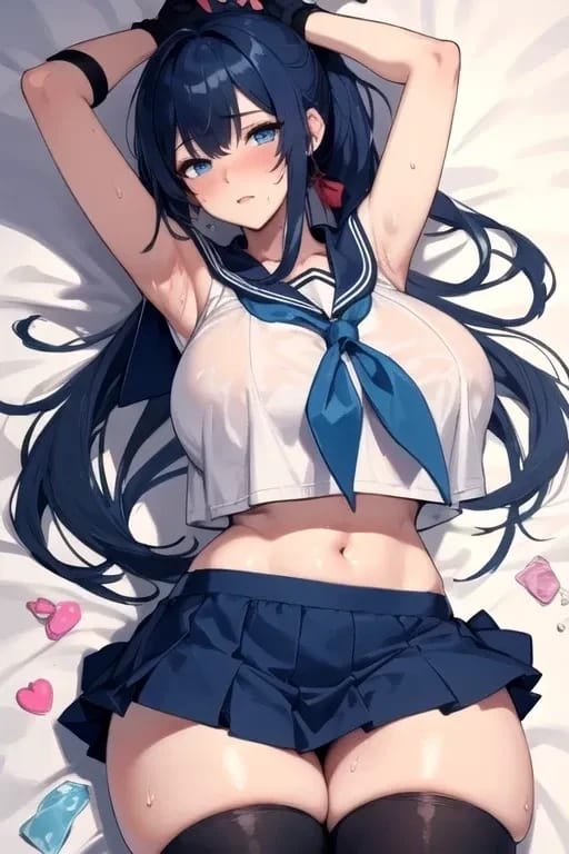 Linda - Linda, glistening with sweat, lies provocatively on the bed, her school uniform clinging to her voluptuous curves, a tantalizing display of barely-contained desire.