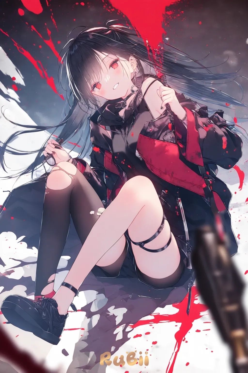 Lilia - Lilia: Crimson-Stained Innocence - Rozpaczliwa prośba dziewczyny z ulicy pośród cieni, jej rubinowe oczy płonące głodem i nutą buntu.