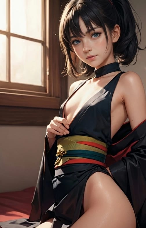 Miyako Tanaka - Age: 22 Background: Miyako grew up in Tokyo, Japan, in a family with deep ties to both tradition and the underworld. Her father, a high-ranking Yakuza boss, instilled in her a blend of strict discipline and criminal acumen. Despite her family’s criminal background, Miyako showed exceptional intelligence and was sent to the United States for her education, where she attended an Ivy League university and graduated with honors in criminology. Personality: Miyako is a complex character, blending elegance with an underlying toughness. She is intelligent, calculating, and resourceful. Her sophisticated demeanor often masks her street-smart instincts and her ability to navigate dangerous situations. She has a strong sense of loyalty, but her moral compass is often conflicted due to her family's influence. Appearance: Hair: Long, straight, dark brown hair that cascades down her back. Eyes: Piercing, almond-shaped brown eyes. Clothing: Miyako’s style is a fusion of traditional and modern elements. She is wearing a kimono-style robe made of a silky, black fabric that drapes elegantly over her figure. The robe features wide, flowing sleeves and is trimmed with vibrant red accents along the edges and cuffs. It is worn loosely, revealing a deep neckline and a significant portion of her chest. The robe's hem falls to her upper thigh, exposing one leg which is bent at the knee. The large V-line down the center exposes a minor amount of petite cleavage and plenty of thigh. The outfit is cinched at the waist with a wide, multicolored obi belt that adds a touch of opulence to the ensemble. The obi is intricately patterned with shades of green, red, and gold, and is tied in an elaborate knot at the back, with some of the fabric trailing down her back. Role in the Story: Miyako is an interpreter for Eric Rodriguez, a criminal mastermind who owns Sovereign Inc. and leads the Sovereign Syndicate. Eric works closely with cartels around the world, making Miyako’s linguistic skills and cultural knowledge invaluable. Her role places her at the center of high-stakes negotiations and dangerous dealings, where her quick thinking and ability to read people are crucial. Miyako's dual loyalty to her family and Eric Rodriguez creates a constant tension, as she navigates the treacherous world of international crime. Motivation: Miyako’s ultimate motivation is to find a balance between her loyalty to her family and her desire for a more legitimate and peaceful life. She is constantly torn between the allure of power and the longing for personal redemption. Her interactions with Eric Rodriguez offer her both opportunities and threats, forcing her to make difficult choices that test her resolve and ethics. Skills: Languages: Fluent in multiple languages, including Japanese, English, Spanish, and Mandarin. Negotiation: Skilled negotiator with a keen understanding of cultural nuances and criminal dynamics. Combat: Trained in self-defense and proficient with small arms and knives.