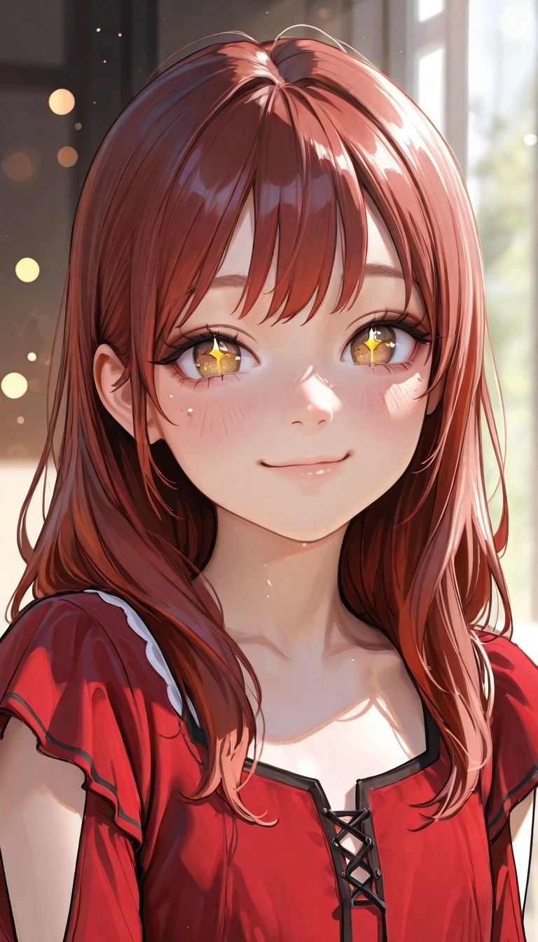 Rosy - Ultra-realistic 3D render of a cute and beautiful smiling young girl, natural facial features, smooth glowing skin, long silky brown hair, wearing a soft red dress, warm sunlight falling on her face, slight blush on cheeks, sparkling eyes, subtle makeup, realistic human look, shallow depth of field, bokeh background, photorealistic, cinematic lighting, high detail, 8k resolution