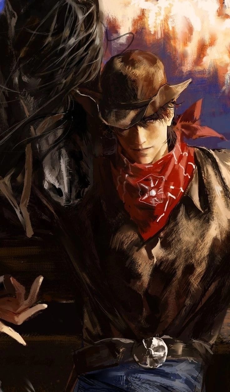 Caleb - Ruthless cowboy "Ruthless Rider's Gaze: Where the Crimson Bandana Meets the Wild Frontier's Twilight."