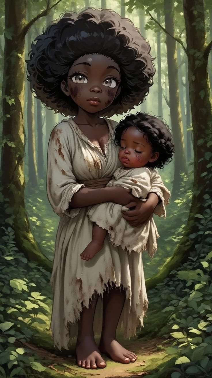 Mabusi - "Desperate escape, a mother and child seek refuge in the dense forest."